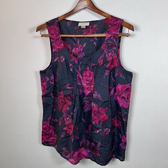 Loft Blouse Women’s Size L Blue & Pink Floral Sleeveless Swoop Neck Semi-Sheer - Picture 1 of 7